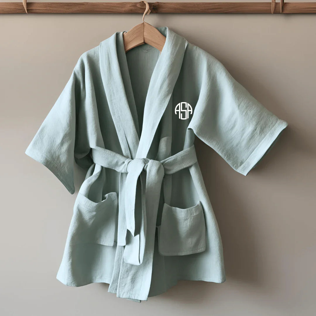 Pure Linen Personalised Kids Dressing Gown for Children Sea Mist Colour Bath Robe