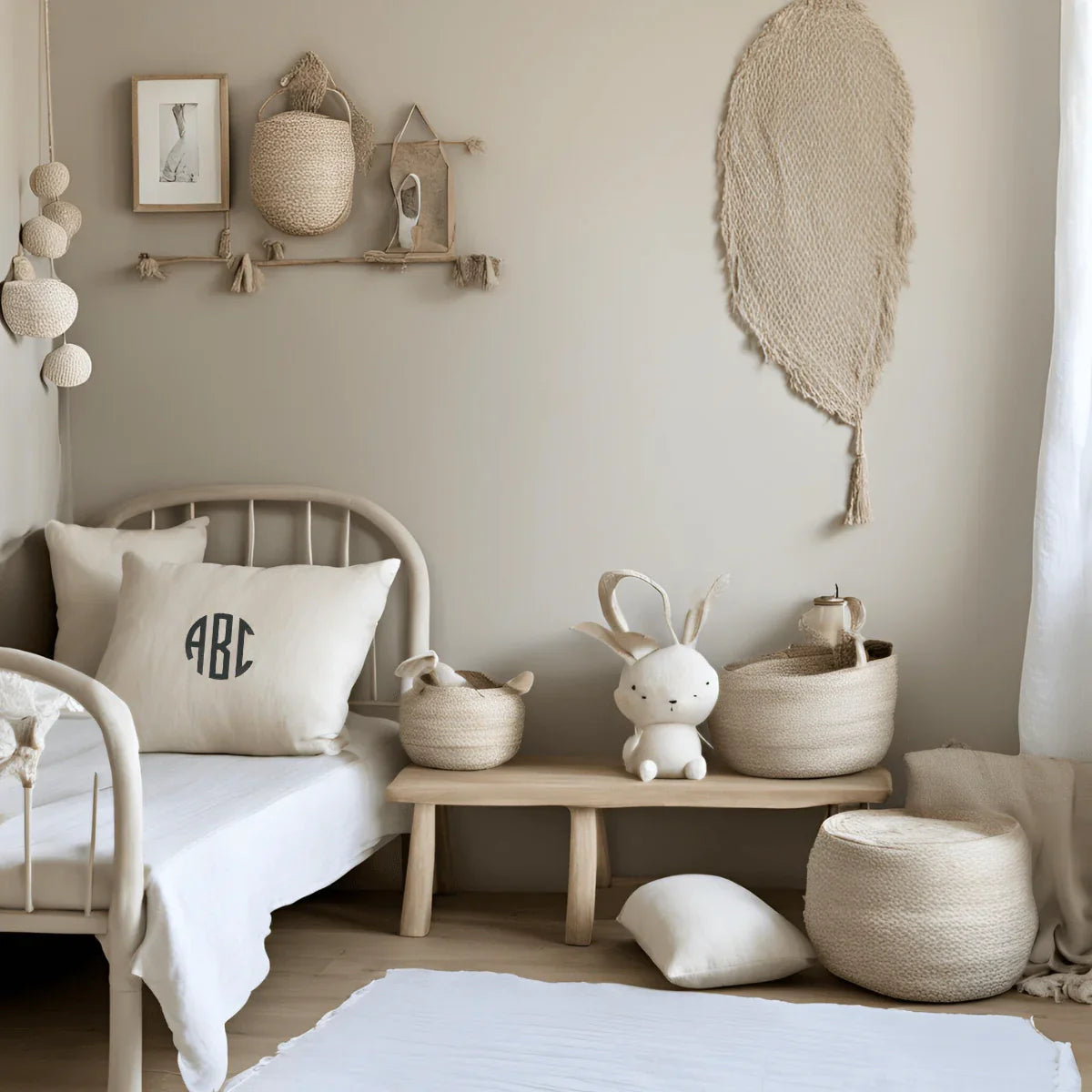 CUSHY TALE Ø5 - Oatmeal Monogram Cushion Covers for Children