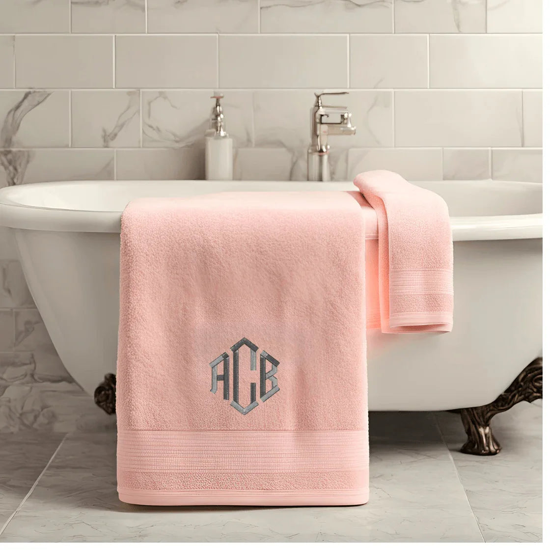 blush pink organic cotton hand towel in modern bathroom decor