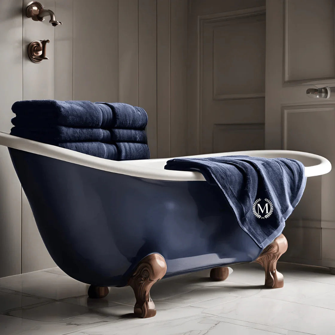 BTØ2 Monogram Bath Towel In Navy Blue