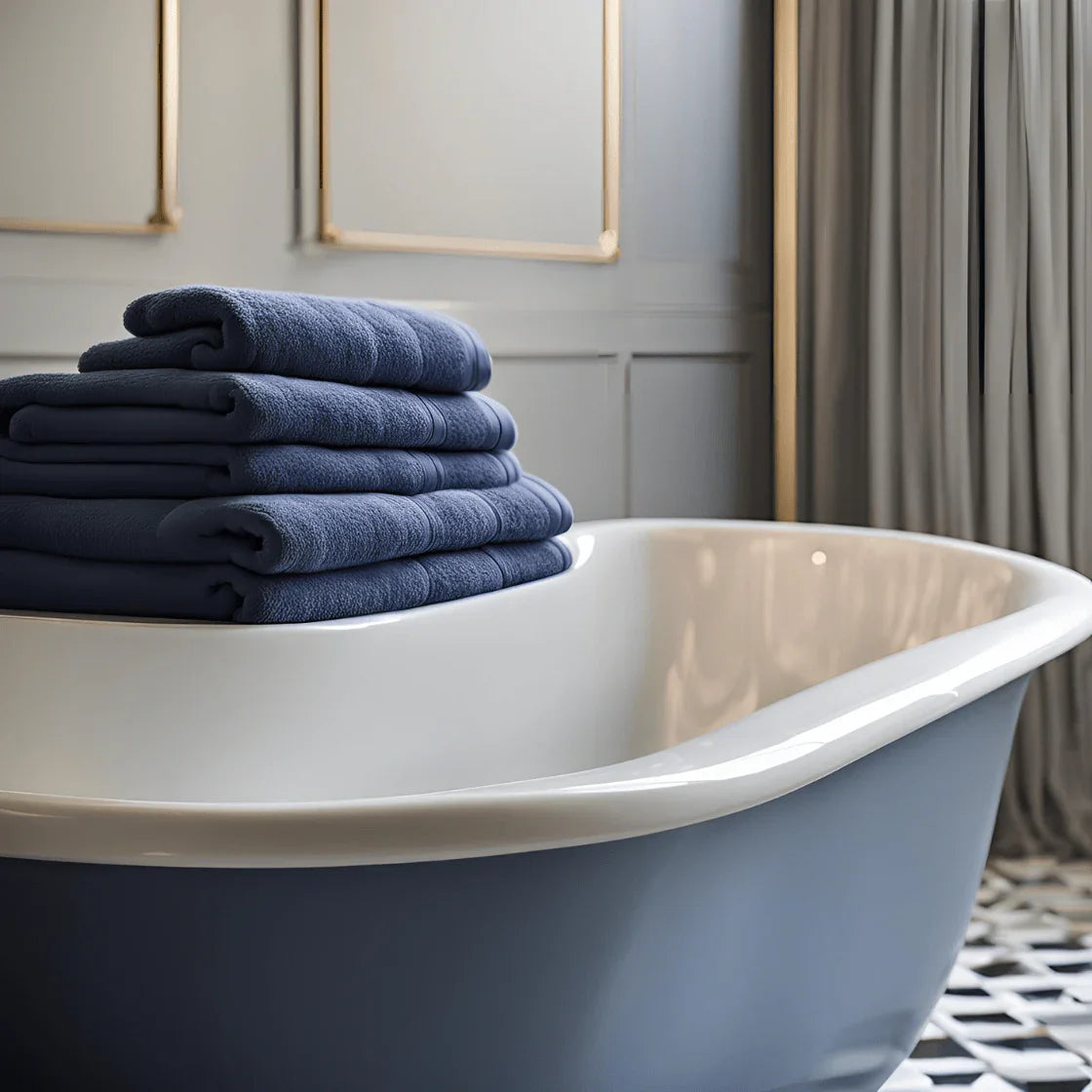 navy blue organic cotton hand towels styled in luxury bathroom setting