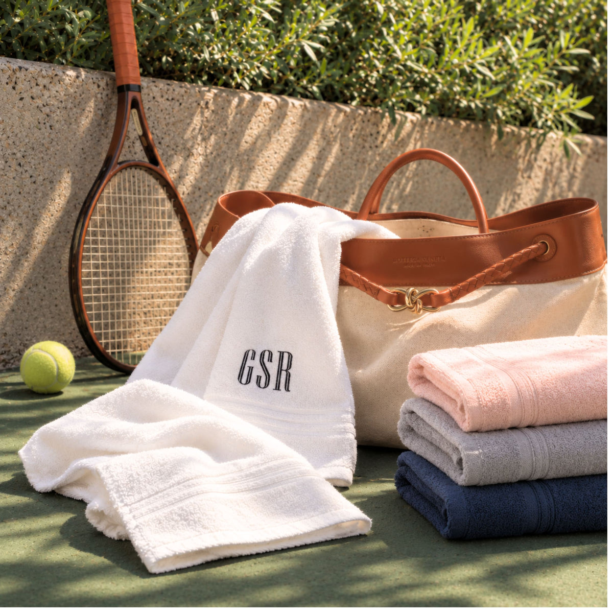 Personalised organic cotton hand towels with three-letter monogram in white, blush, grey and navy, styled with a tennis racquet – BEDLAM
