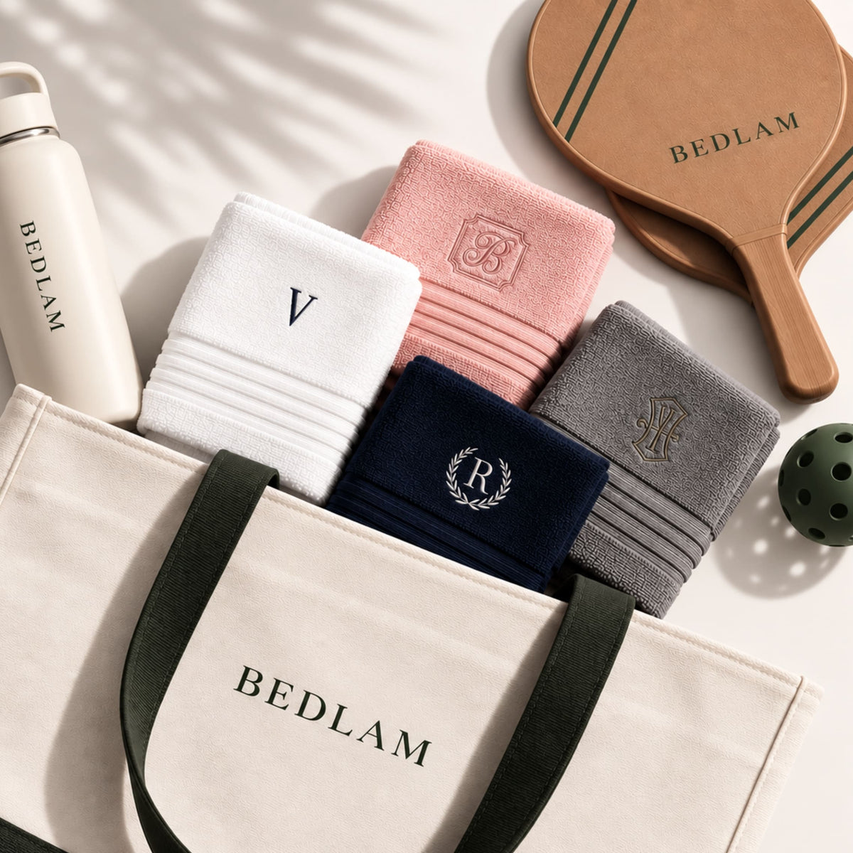 Monogrammed organic cotton face towels in white, blush, navy and grey, set of 2, in a canvas tote – BEDLAM