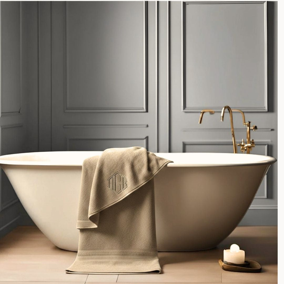 Luxury Beige Monogram Bath Towel Draped on Bathtub | Organic Cotton Towel