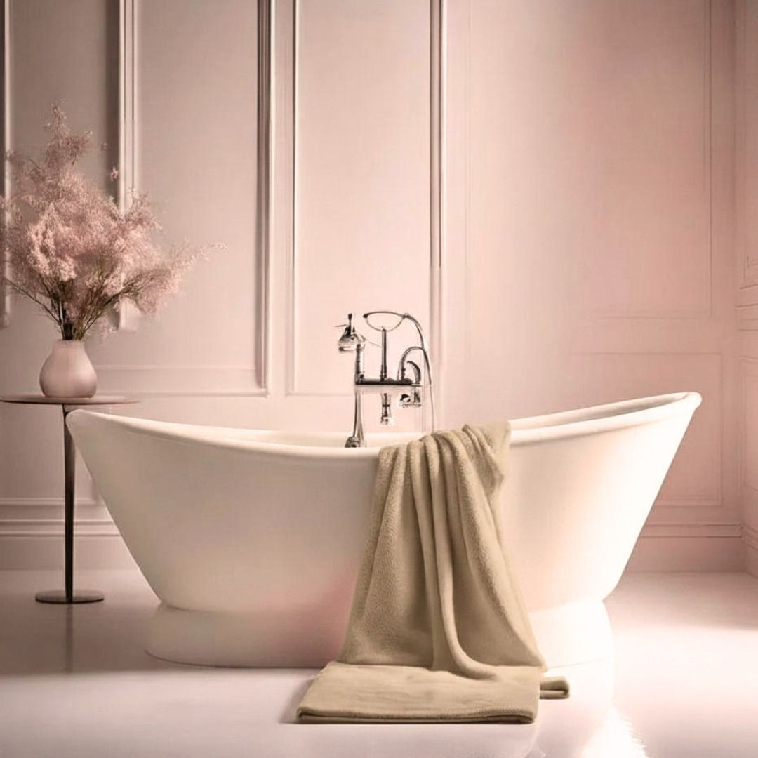 Premium Beige Bath Towel Styled in Modern Bathroom | Luxury Organic Cotton Towel