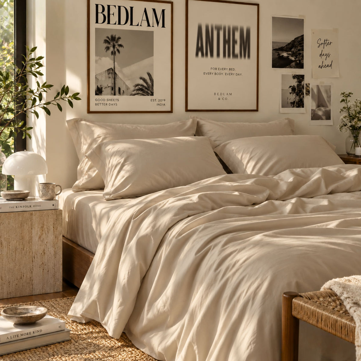 Champagne light beige 300 thread count cotton sateen bedsheet set on a bed – ANTHEM by BEDLAM