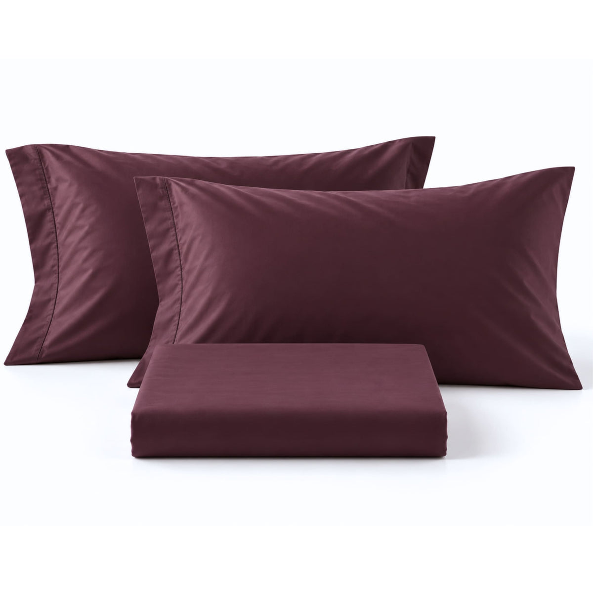Fig aubergine sateen bedsheet folded with two matching pillowcases – ANTHEM 300TC by BEDLAM