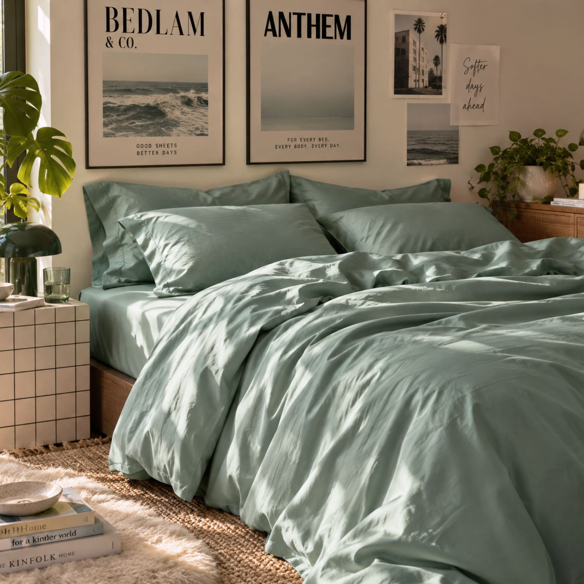 Seafoam sea green 300 thread count cotton sateen bedsheet set on a bed – ANTHEM by BEDLAM