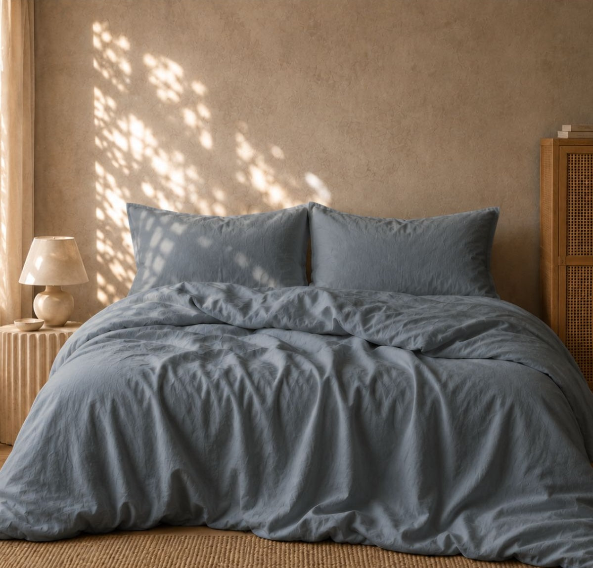 Bluestone grey-blue linen cotton blend duvet cover styled on bed — BEDLAM