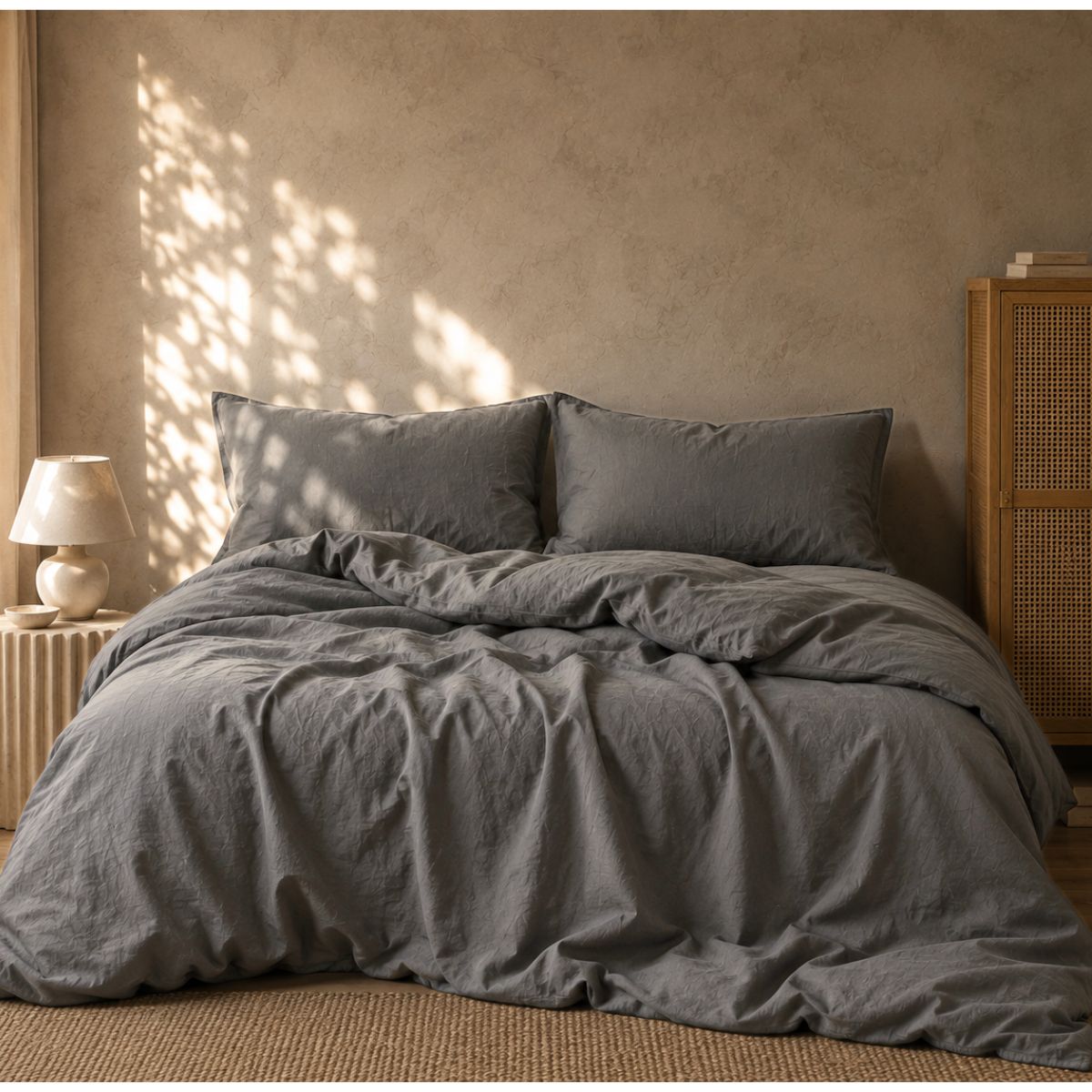 Dune Grey warm grey linen cotton blend duvet cover styled on bed — BEDLAM