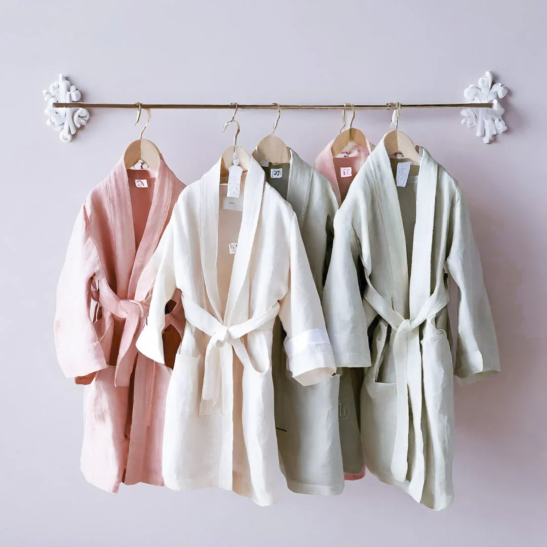 Pure Linen Personalised Kids Dressing Gown for Children Sea Mist Colour