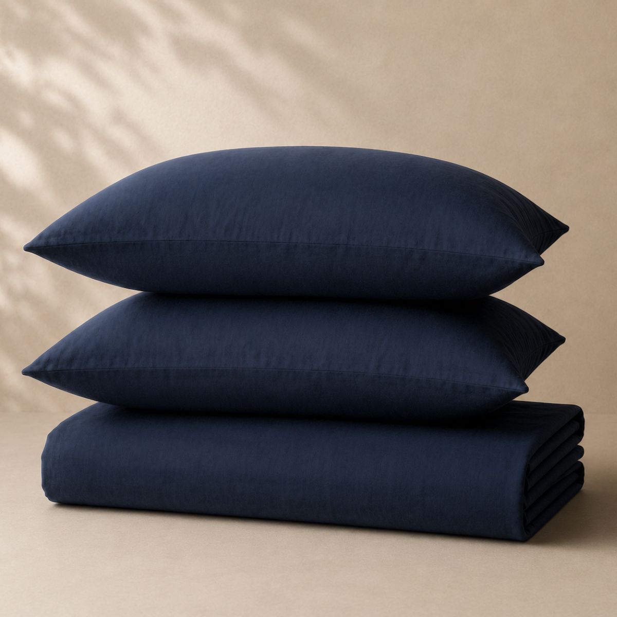 Nautical midnight blue linen cotton blend pillowcases stacked — BEDLAM