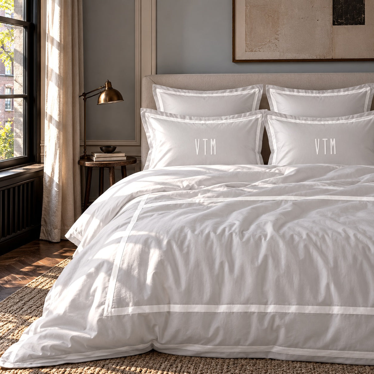 TYPEFACE 4 Luxe monogrammed bedding in grey 1000 TC sateen with white satin border and white initials