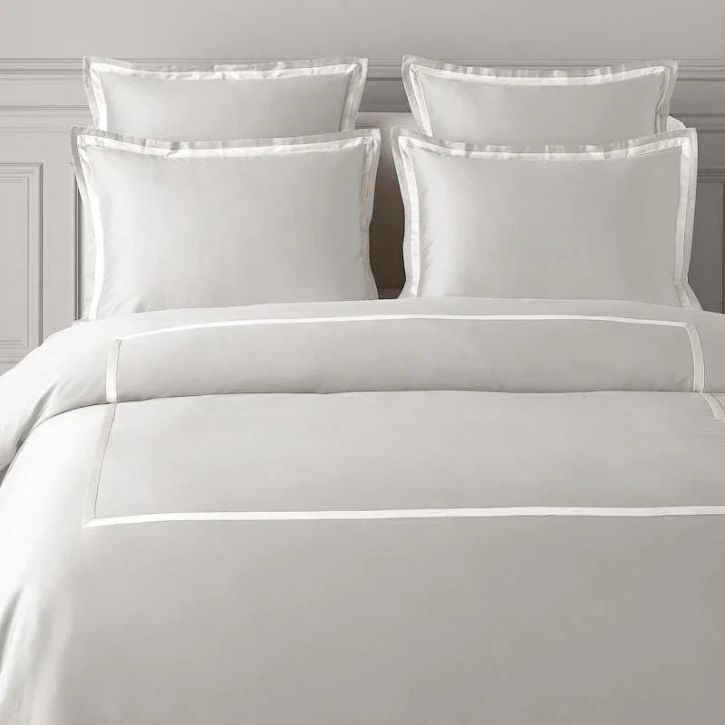 TYPEFACE 4 grey sateen bed sheet set with white satin border, shown without monogram