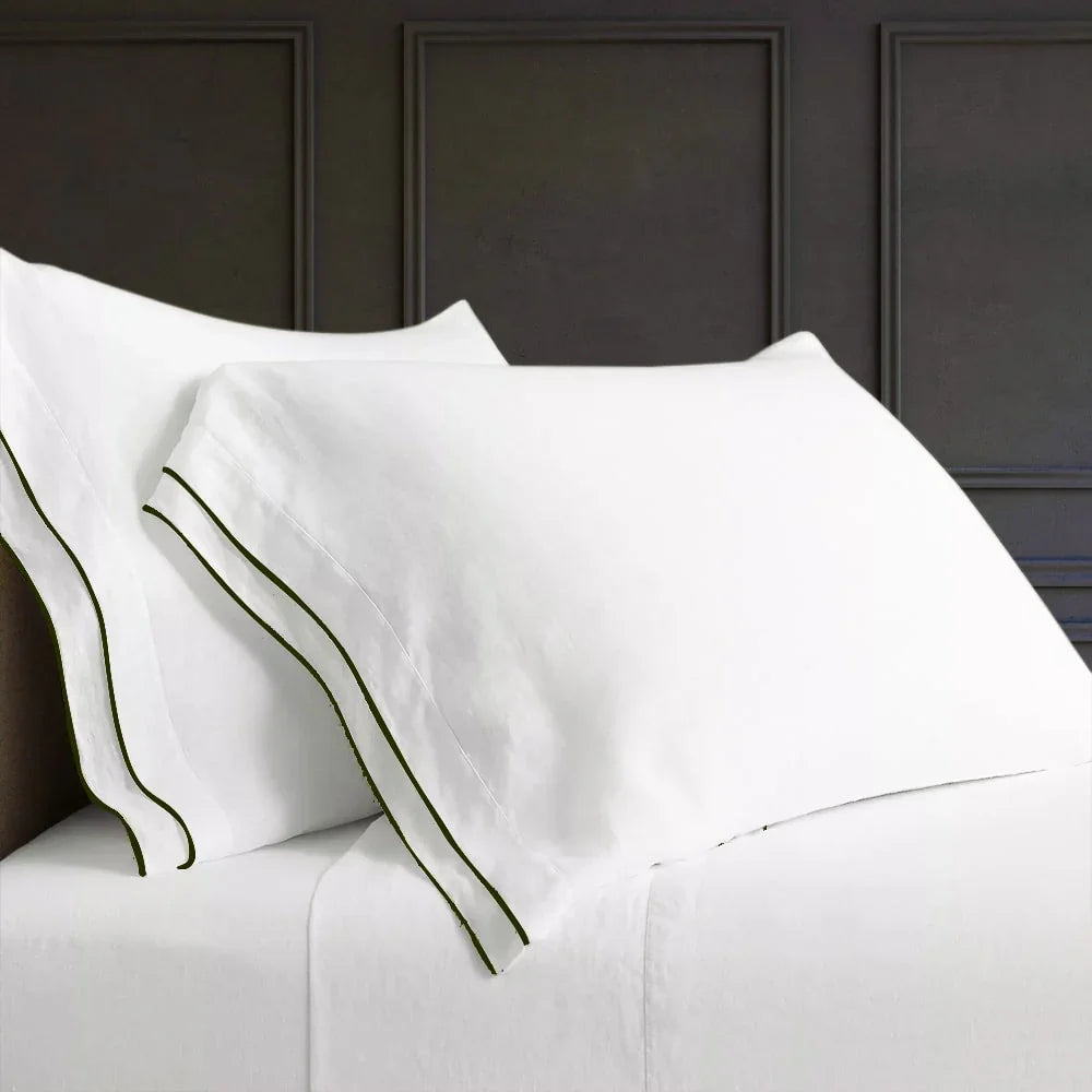 OLIVE GREEN TIPPED WHITE LINEN SHEET SET