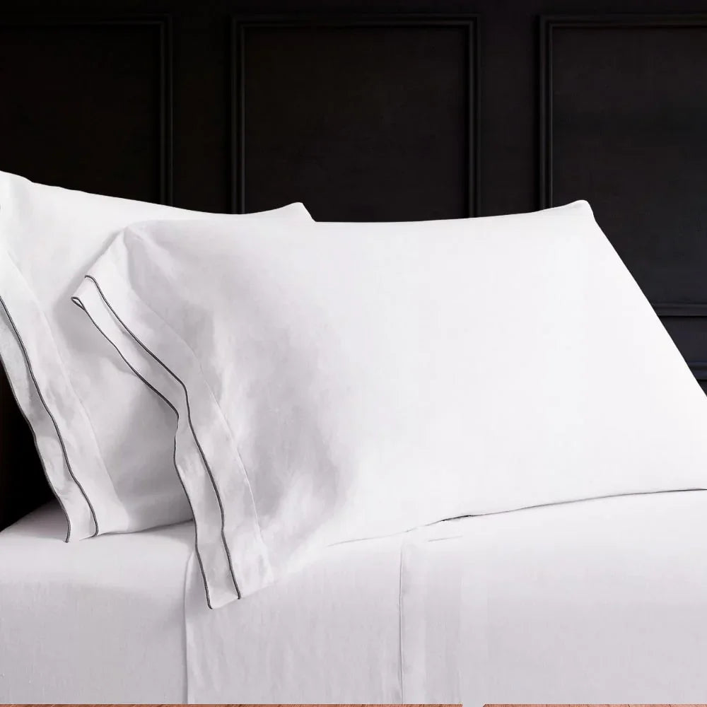 GREY TIPPED WHITE LINEN SHEET SET
