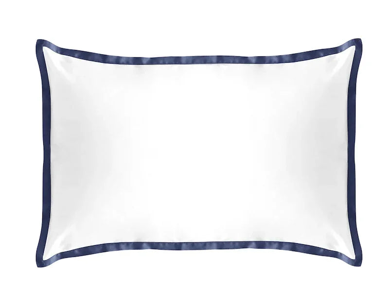 TYPEFACE 3 white pillowcase with navy blue satin border