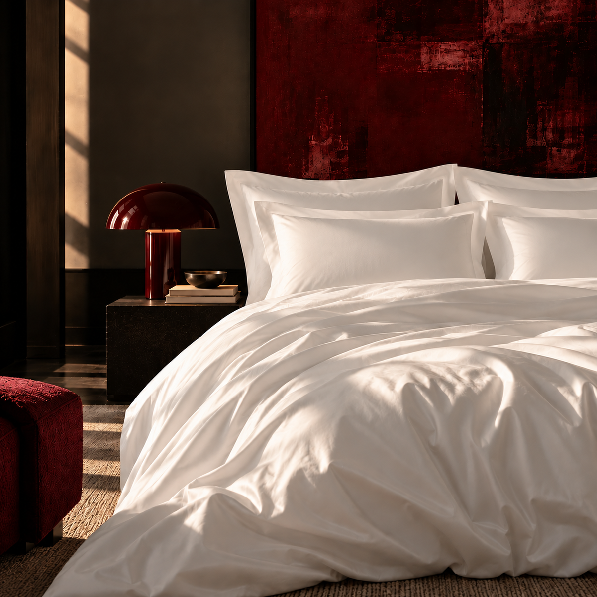 Pure white Egyptian cotton sateen bedding on a made bed — GIZA N°500 Atelier by BEDLAM