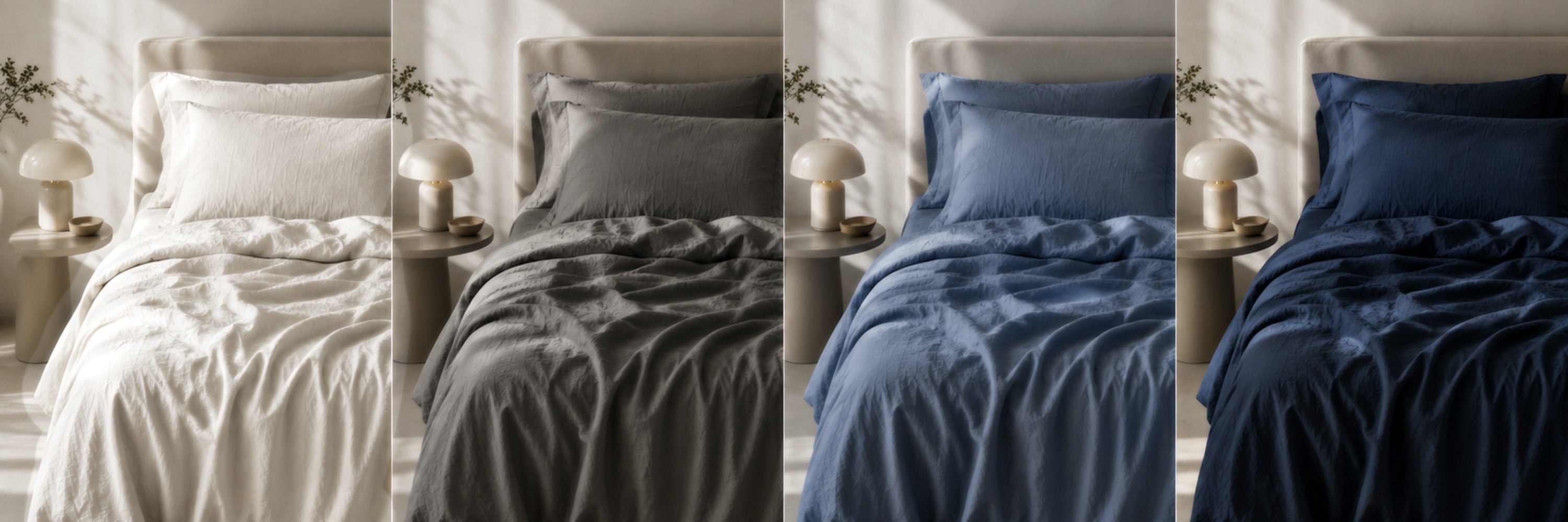 Linen cotton blend bed sheets in Ink, Dune Grey, White and Blue Stone — BEDLAM`