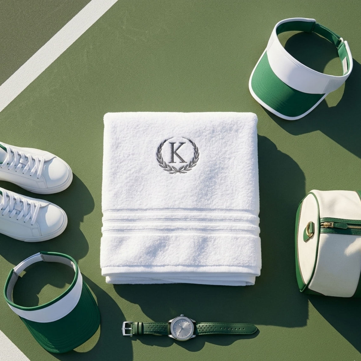 White organic cotton monogram bath towel with wreath initial embroidery, 650 GSM, folded on a tennis court – BEDLAM