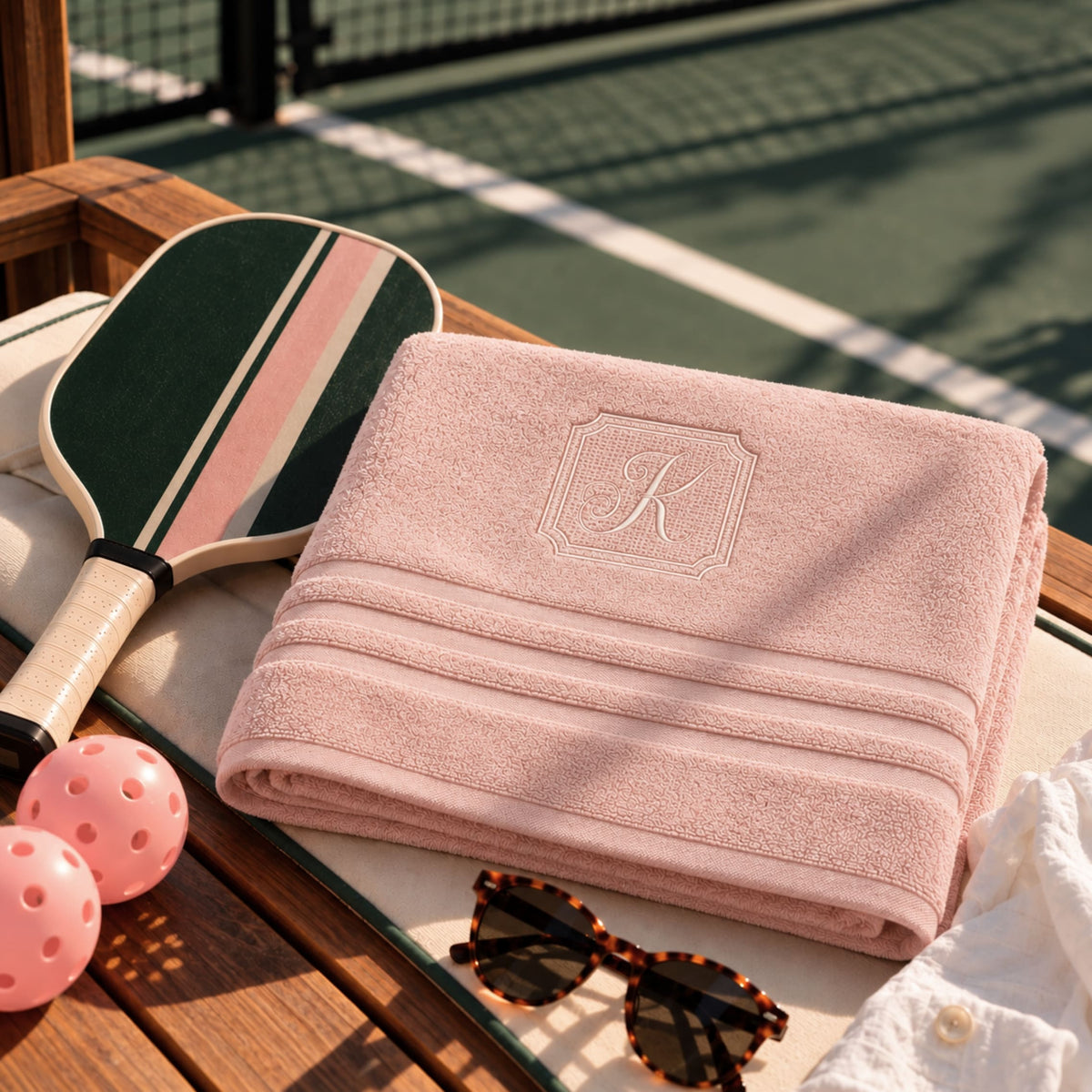 Blush pink organic cotton bath towel with seal monogram embroidery, folded on a courtside bench – BEDLAM