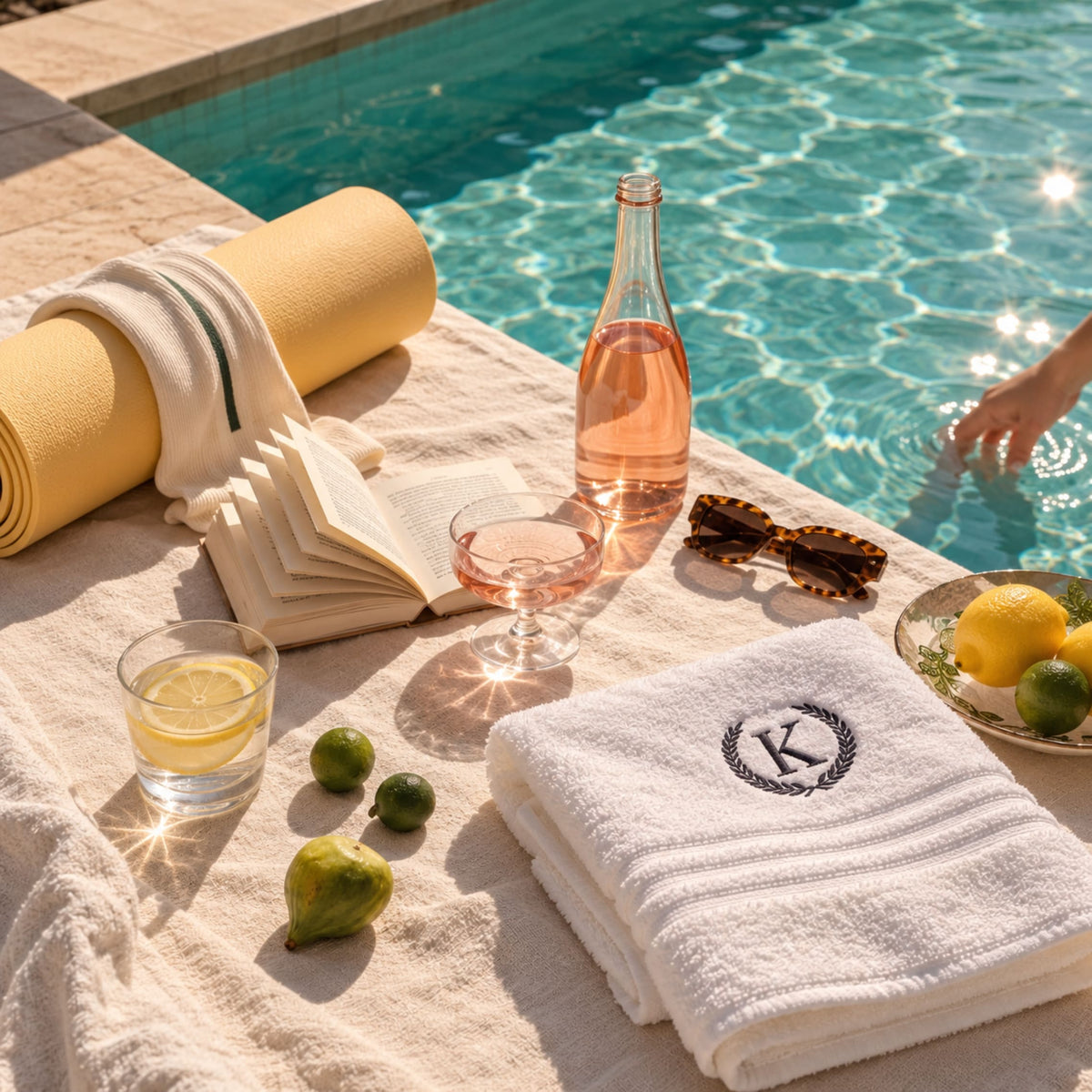 White organic cotton monogram bath towel with wreath initial, folded poolside – BEDLAM