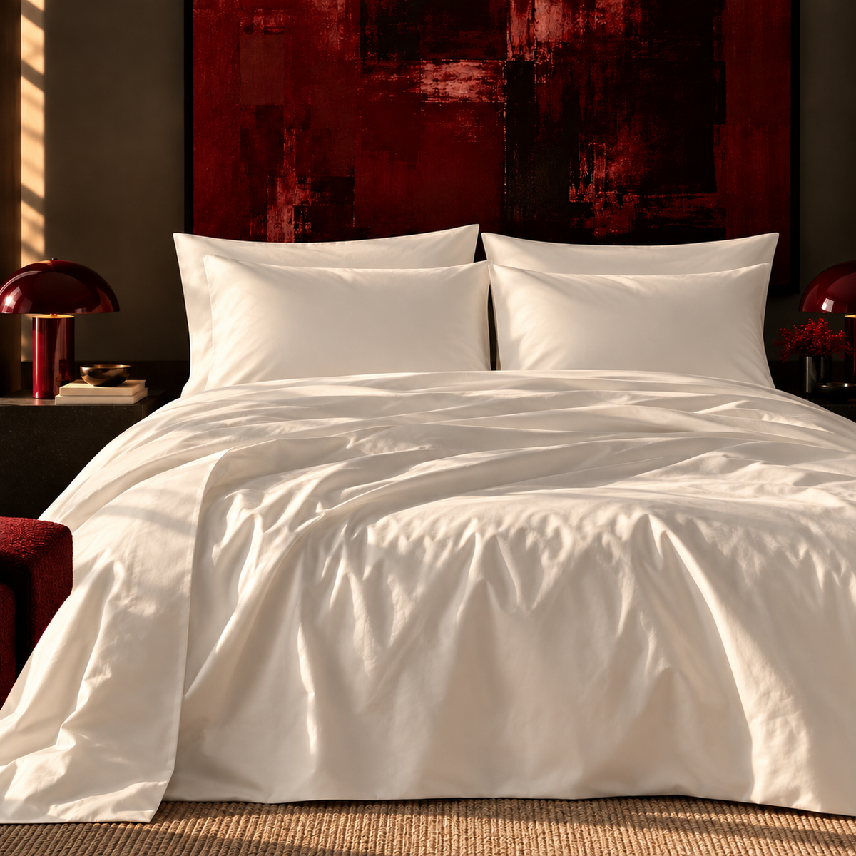 GIZA N°500 Classique pure white Egyptian cotton sateen bedding with plain pillowcases on a made bed