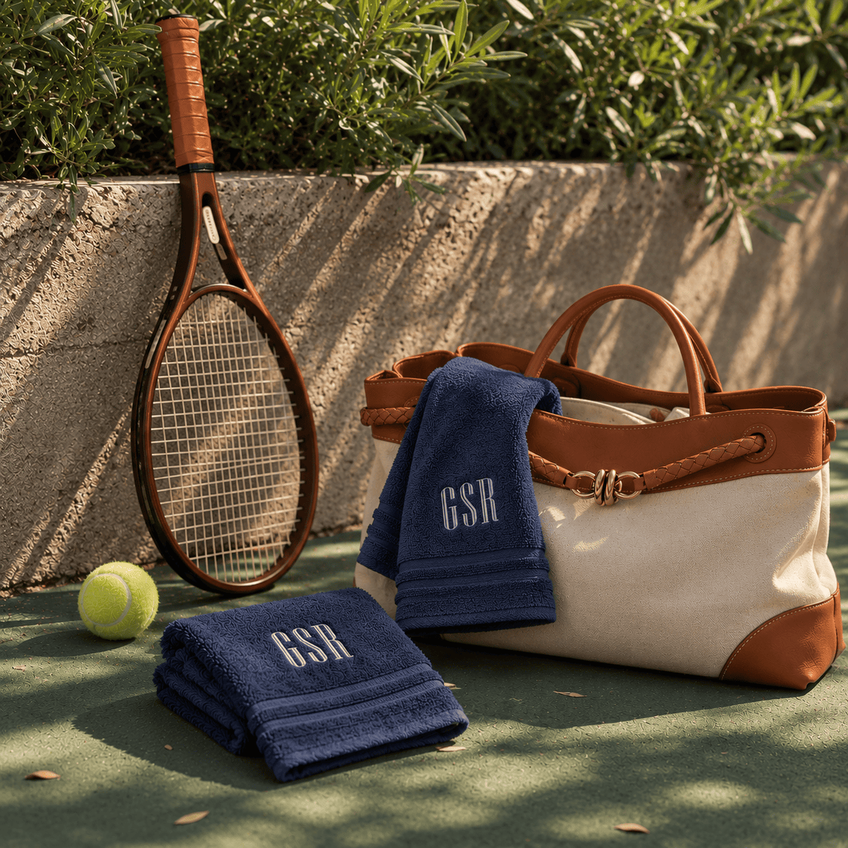 Navy blue organic cotton hand towels, set of 2, with three-letter monogram embroidery, by a tennis bag – BEDLAM