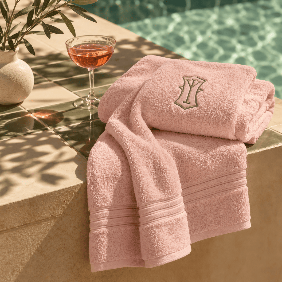 Blush pink organic cotton hand towels with monogram embroidery, poolside – BEDLAM