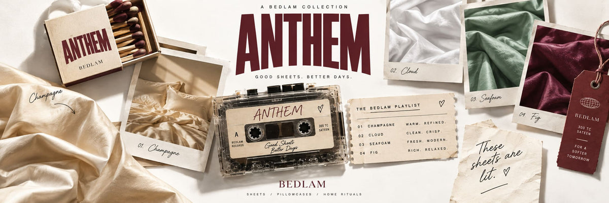 ANTHEM by BEDLAM – 300 thread count cotton sateen bed sheets in Champagne, Cloud, Seafoam and Fig, a limited drop