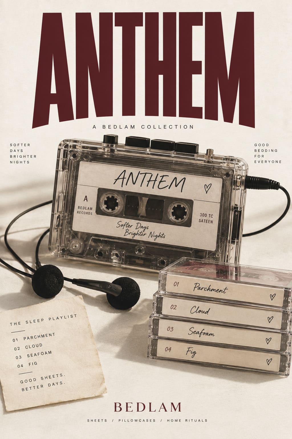 ANTHEM by BEDLAM sateen sheets cassette tape poster: Champagne, Cloud, Seafoam and Fig