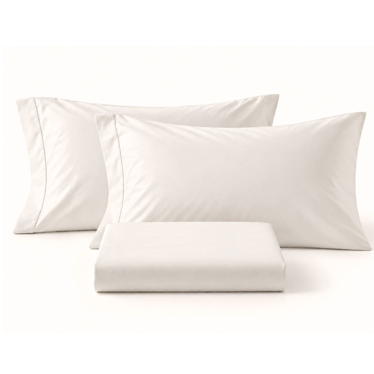 Cloud white sateen bedsheet folded with two matching pillowcases – ANTHEM 300TC by BEDLAM