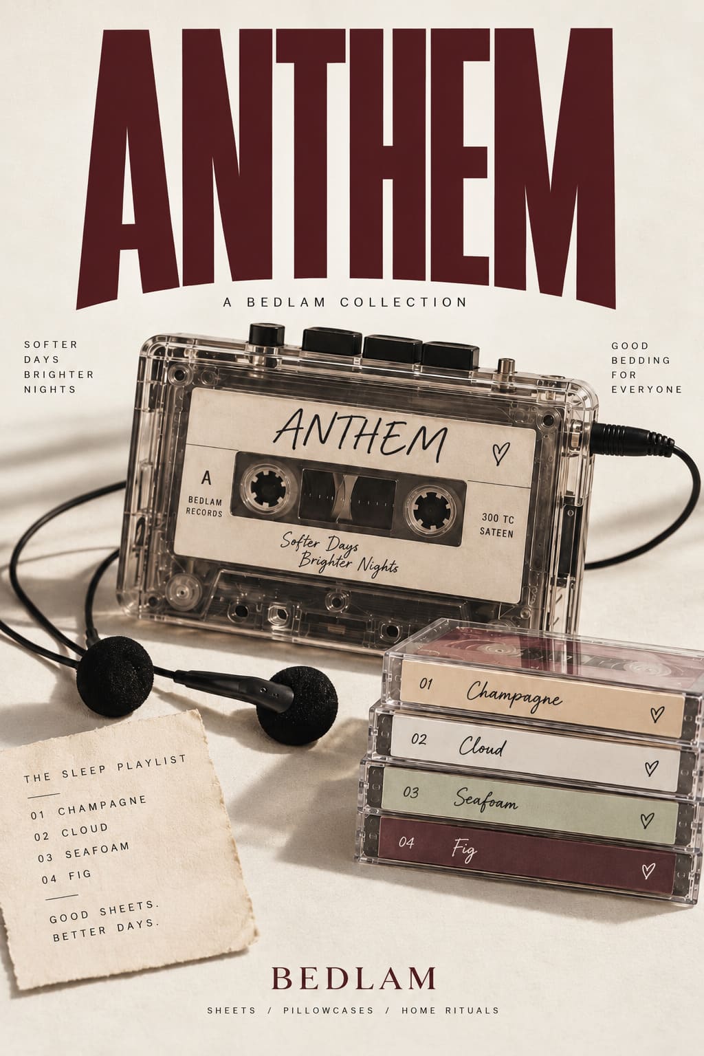 Every bed has an anthem – ANTHEM by BEDLAM cassette poster in Champagne, Cloud, Seafoam and Fig