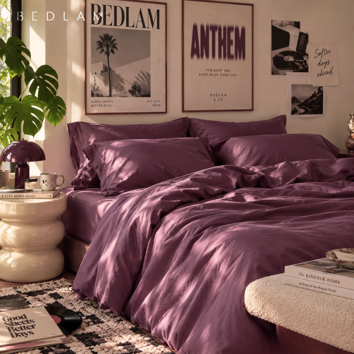 Fig aubergine 300 thread count cotton sateen bedsheet set on a bed – ANTHEM by BEDLAM