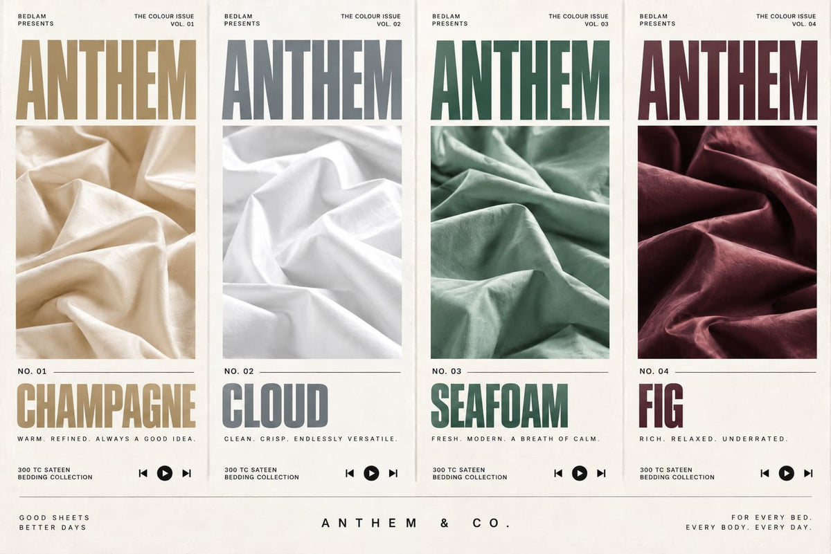 ANTHEM 300TC sateen bed sheet colours: Champagne, Cloud, Seafoam and Fig – BEDLAM