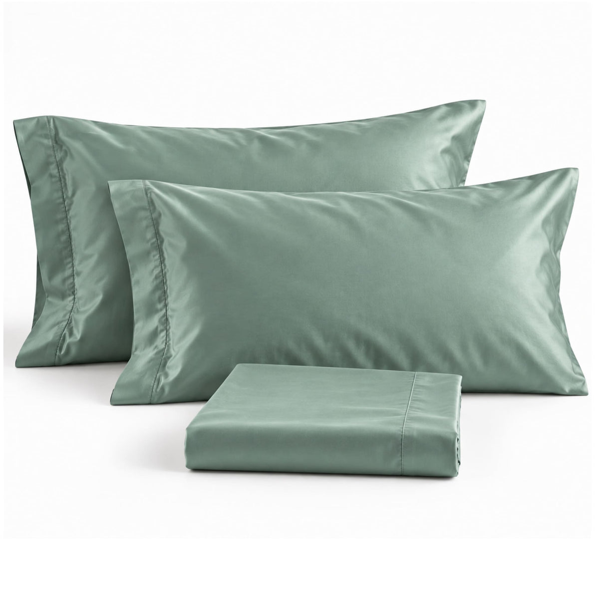 Seafoam green sateen bedsheet folded with two matching pillowcases – ANTHEM 300TC by BEDLAM