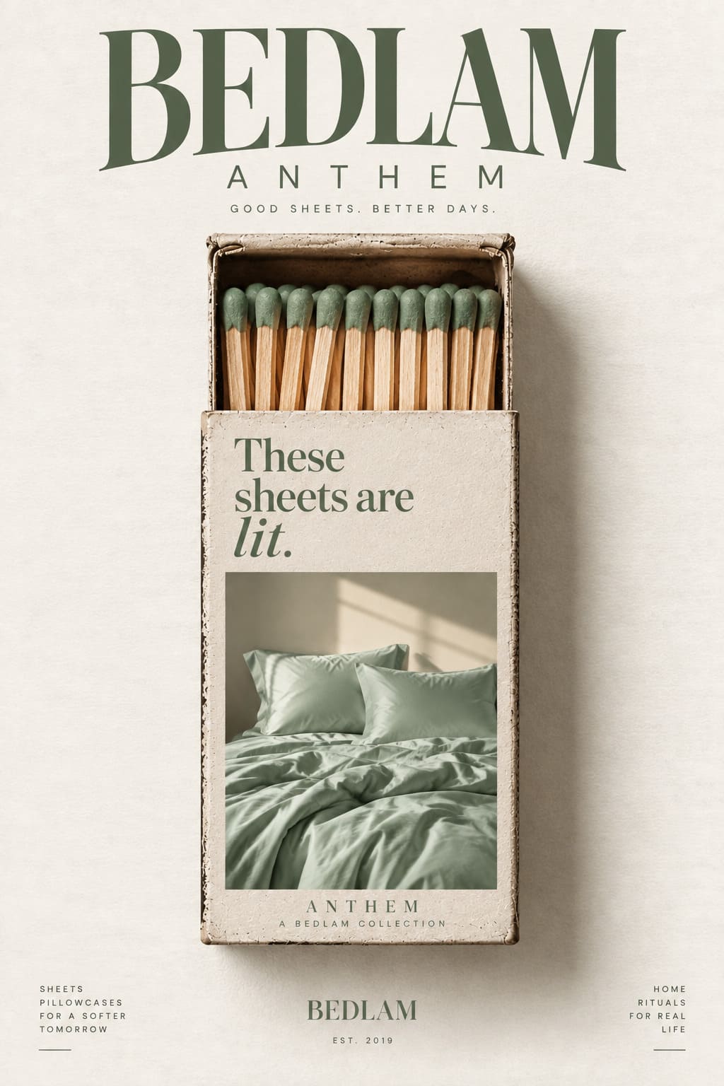 These sheets are lit – ANTHEM Seafoam sateen bedding matchbox poster by BEDLAM
