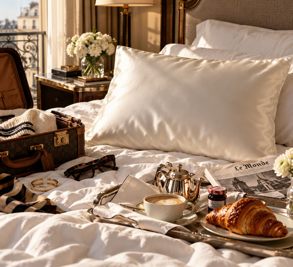 Cream mulberry silk pillowcase on a white bed with a breakfast tray, coffee and croissant in morning light