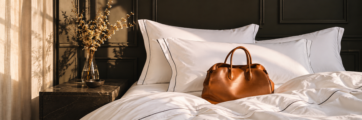 White hotel bedding with black piped pillowcases by BEDLAM, with a tan leather bag on the bed