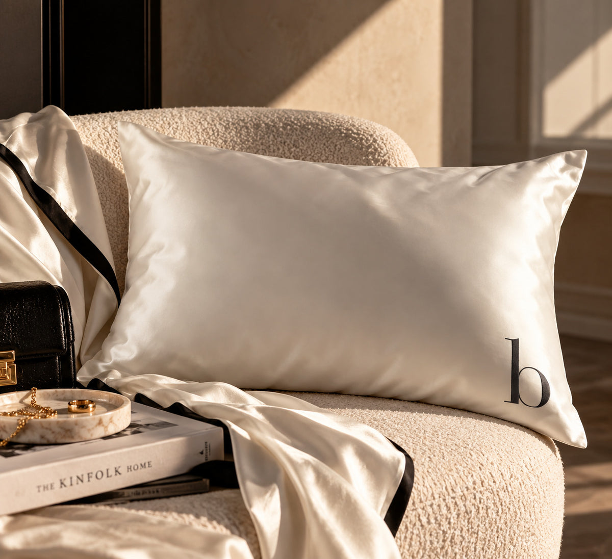 Cream mulberry silk pillowcase monogrammed with the letter b, on a bouclé armchair