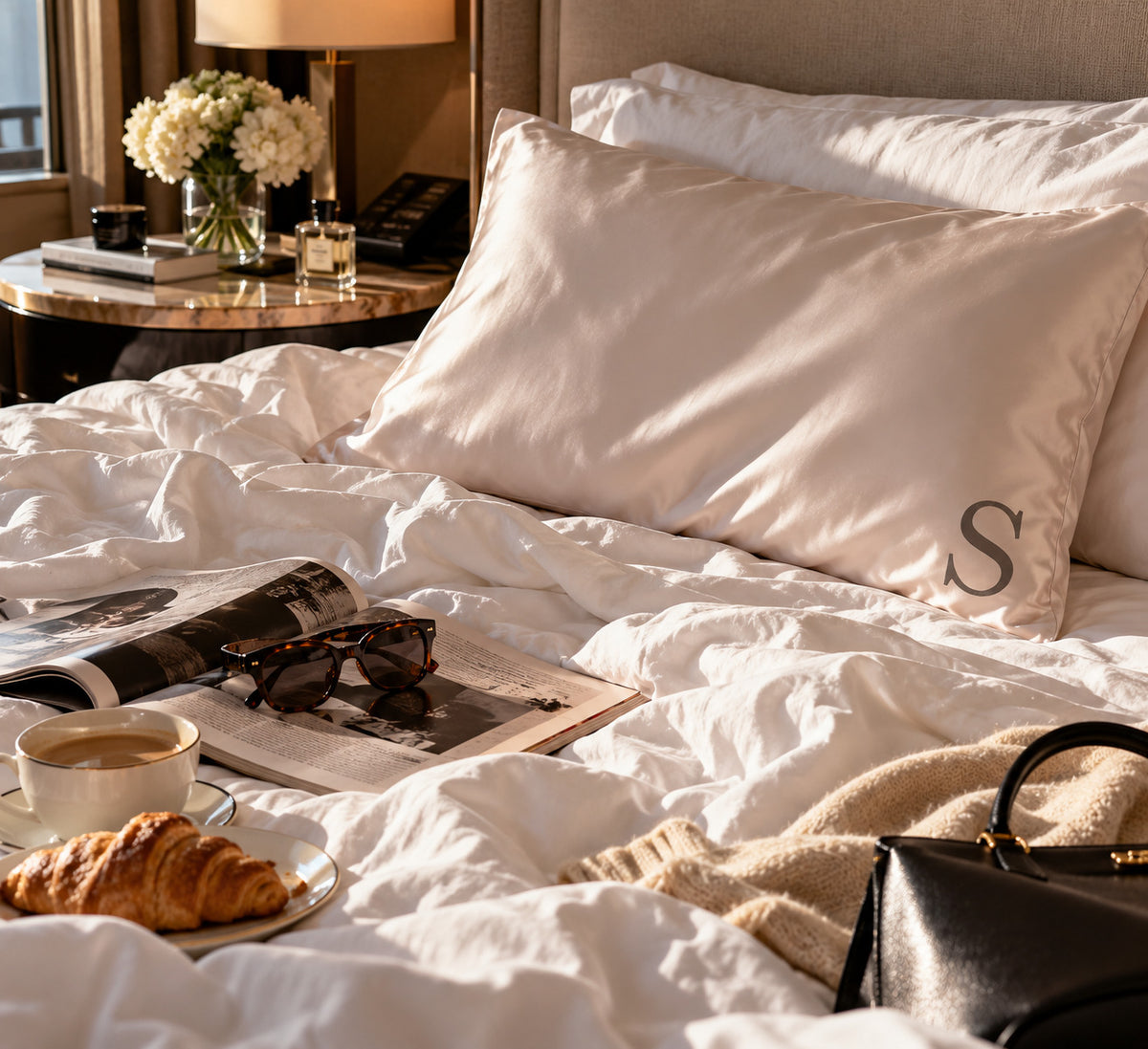 Rose gold mulberry silk pillowcase monogrammed with the letter S, on a white bed with coffee and a croissant