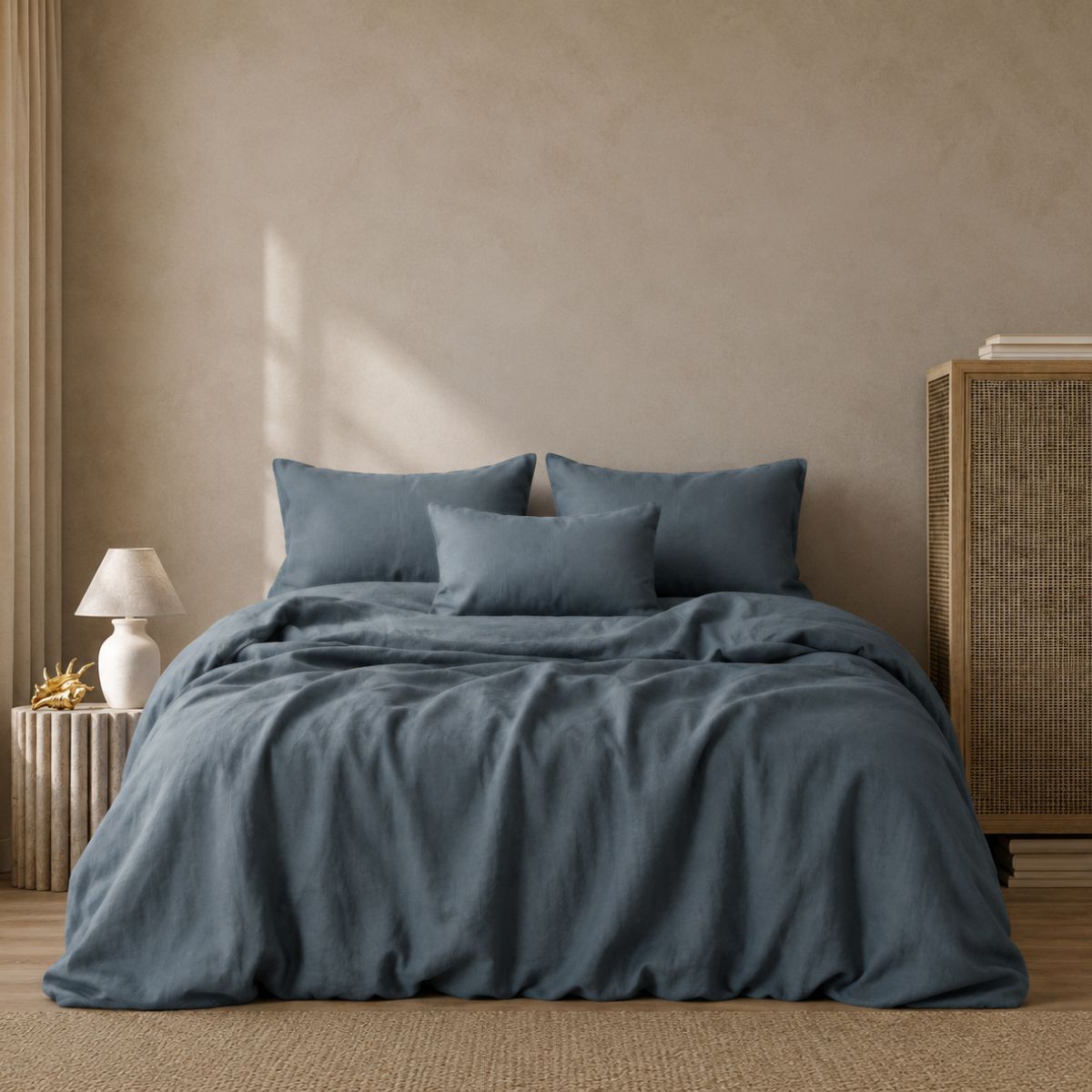 Bluestone grey-blue linen cotton blend bed sheet set styled on bed — BEDLAM
