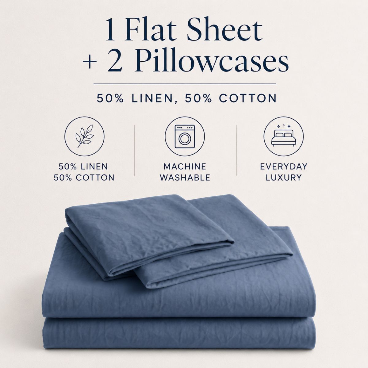 Bluestone linen cotton blend bed sheet set — 1 bedsheet and 2 pillowcases, 50% linen 50% cotton — BEDLAM