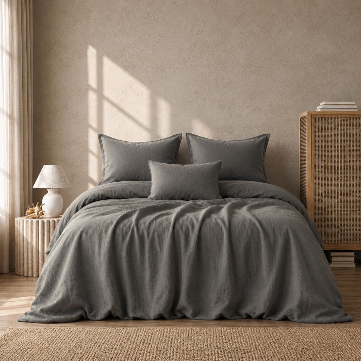 Dune Grey warm grey linen cotton blend bed sheet set styled on bed — BEDLAM