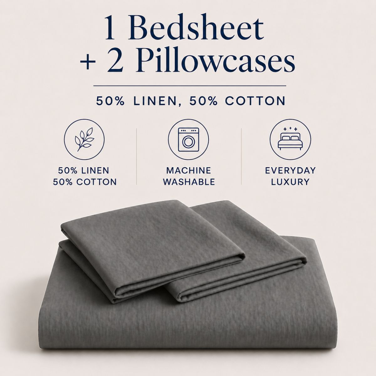 Dune Grey linen cotton blend bed sheet set — 1 bedsheet and 2 pillowcases, 50% linen 50% cotton — BEDLAM