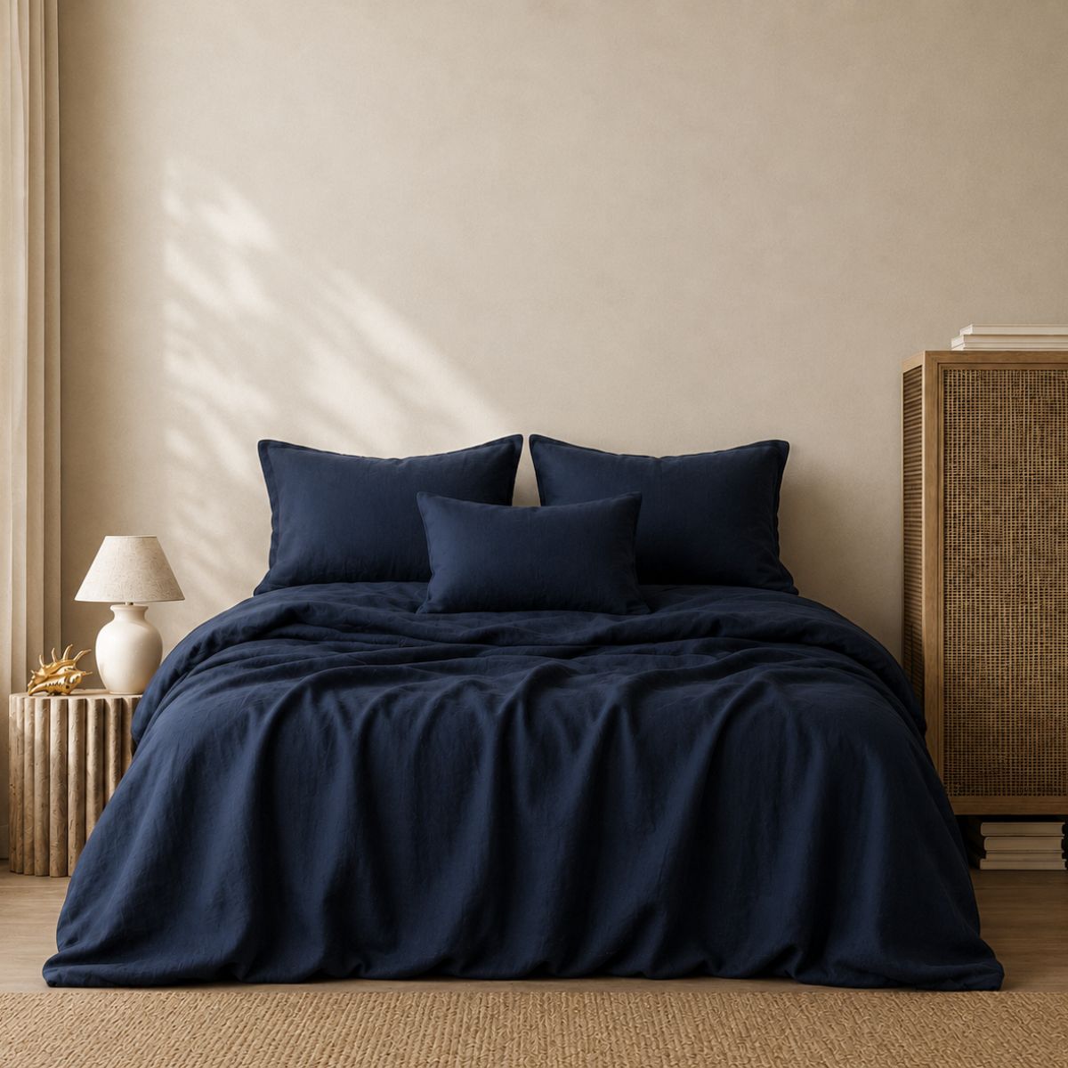 Nautical midnight blue linen cotton blend bed sheet set styled on bed — BEDLAM