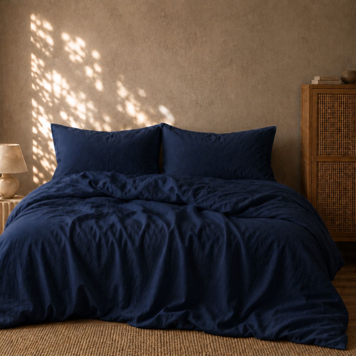 Nautical midnight blue linen cotton blend duvet cover draped — BEDLAM