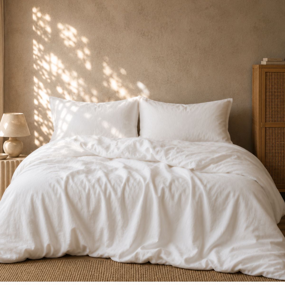 Pearl white linen cotton blend duvet cover styled on bed with pillowcases — BEDLAM