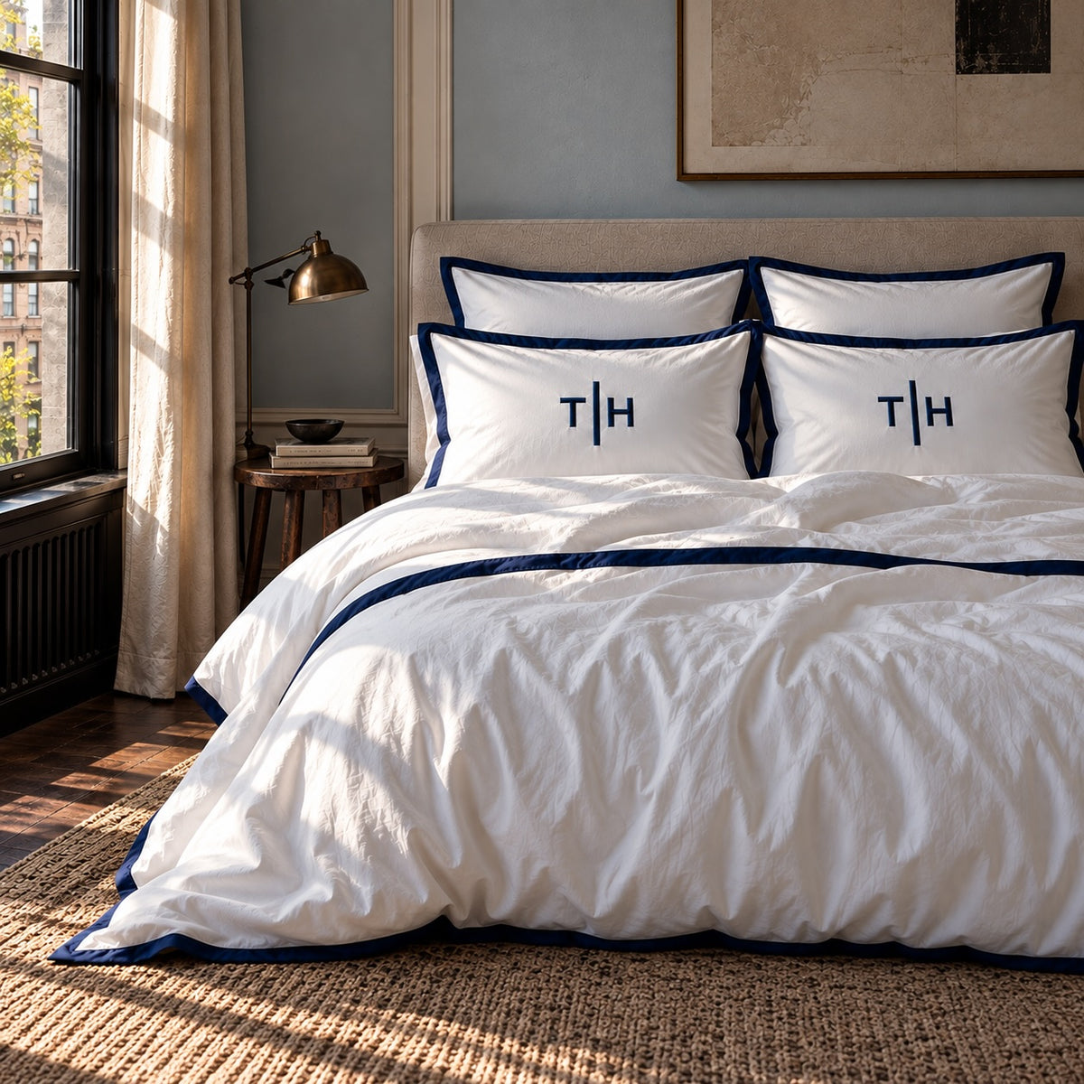 TYPEFACE 3 monogrammed bed sheet set in white 400 TC percale with navy blue satin border and navy initials