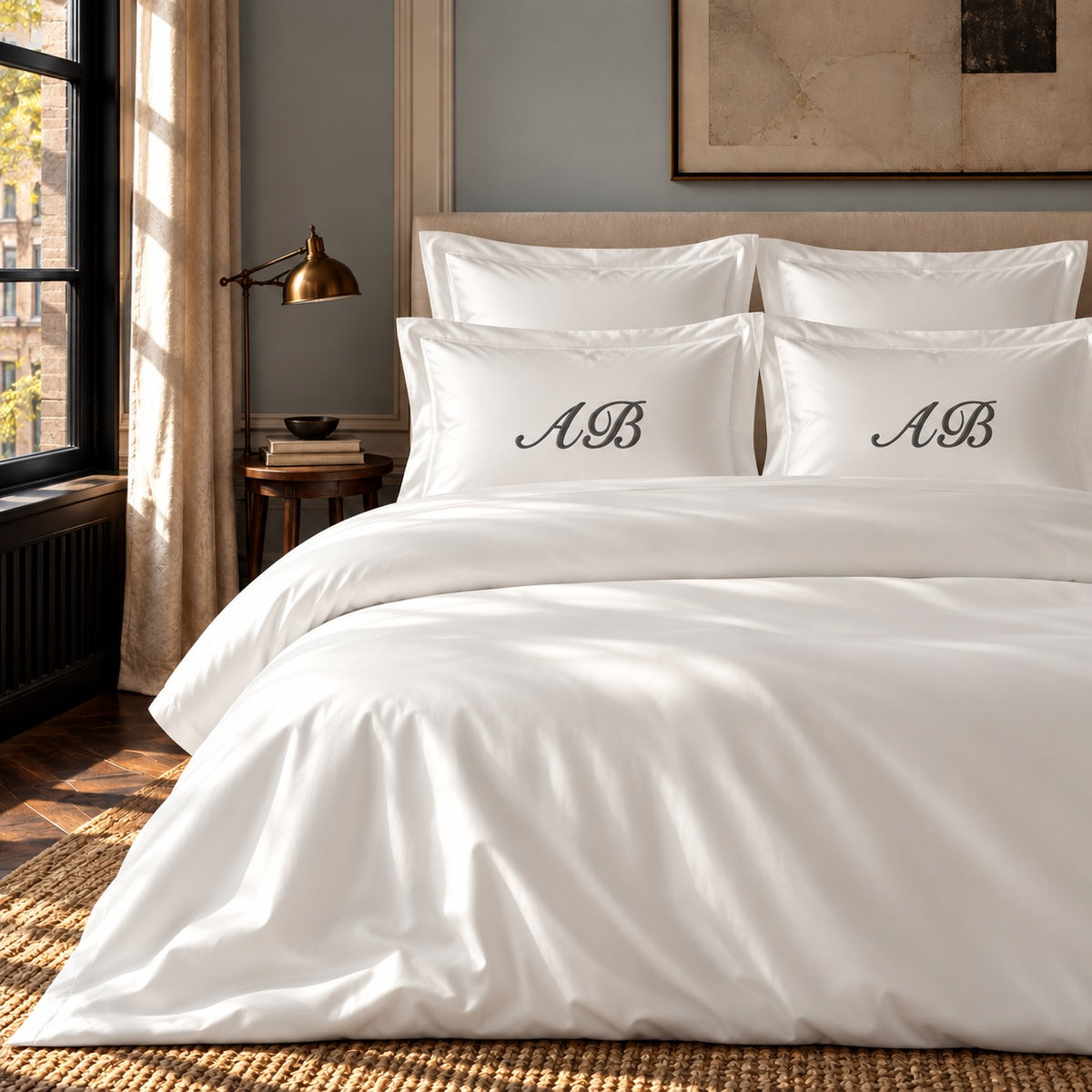 TYPEFACE 5 monogrammed bedding in white 500 TC Supima sateen with script monogram embroidered on pillowcases